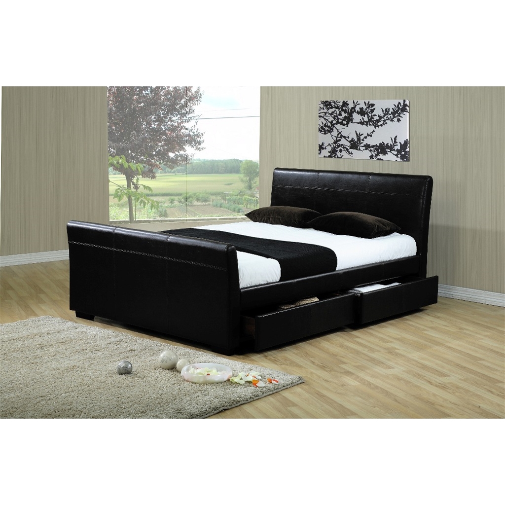 Four Drawer Sleigh Style Black Faux Leather Bed Frame Double 4ft 6 Free Next Day Delivery 