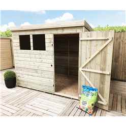 7 X 4 Pent Garden Shed - 12mm Tongue And Groove Walls - Pressure Treated - Single Door - 2 Windows + Safety Toughened Glass