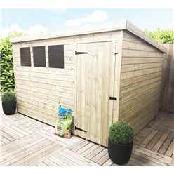 10 X 5 Pent Garden Shed - 12mm Tongue And Groove Walls - Pressure Treated - Single Door - 3 Windows + Safety Toughened Glass