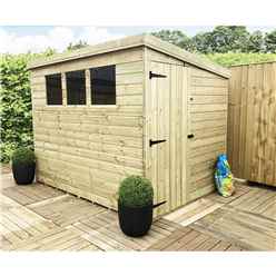 8 X 4 Pent Garden Shed - 12mm Tongue And Groove Walls - Pressure Treated - Single Side Door - 3 Windows + Safety Toughened Glass