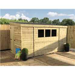 10 X 8 Reverse Pent Garden Shed - 12mm Tongue And Groove Walls - Pressure Treated - Single Door - 3 Windows + Toughened Safety Glass