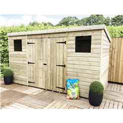 12 X 8 Large Pent Garden Shed - 12mm Tongue And Groove Walls - Pressure Treated - Centre Double Doors - 2 Windows + Safety Toughened Glass