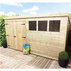 12 X 4 Large Pent Garden Shed - 12mm Tongue And Groove Walls - Pressure Treated - Double Doors - 3 Windows + Safety Toughened Glass