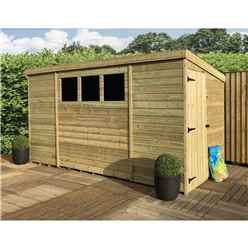 9 X 4 Pent Garden Shed - 12mm Tongue And Groove Walls - Pressure Treated - Single Door - 3 Windows + Safety Toughened Glass