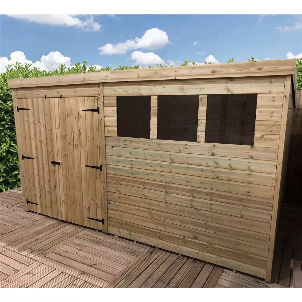 12 x 3 Pressure Treated T&G Pent Shed With 3 Windows, Double Door product image