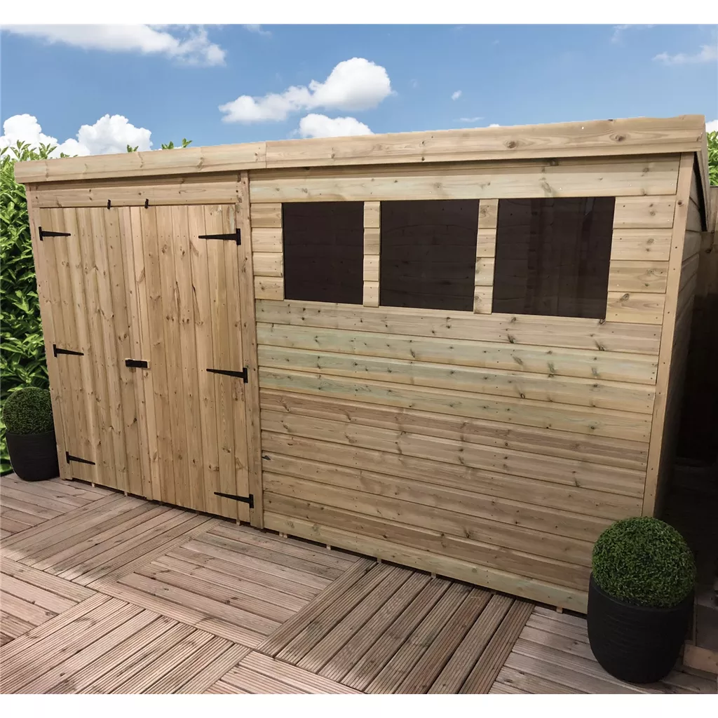 14 x 4 Pressure Treated T&G Pent Shed With 3 Windows, Double Door product image