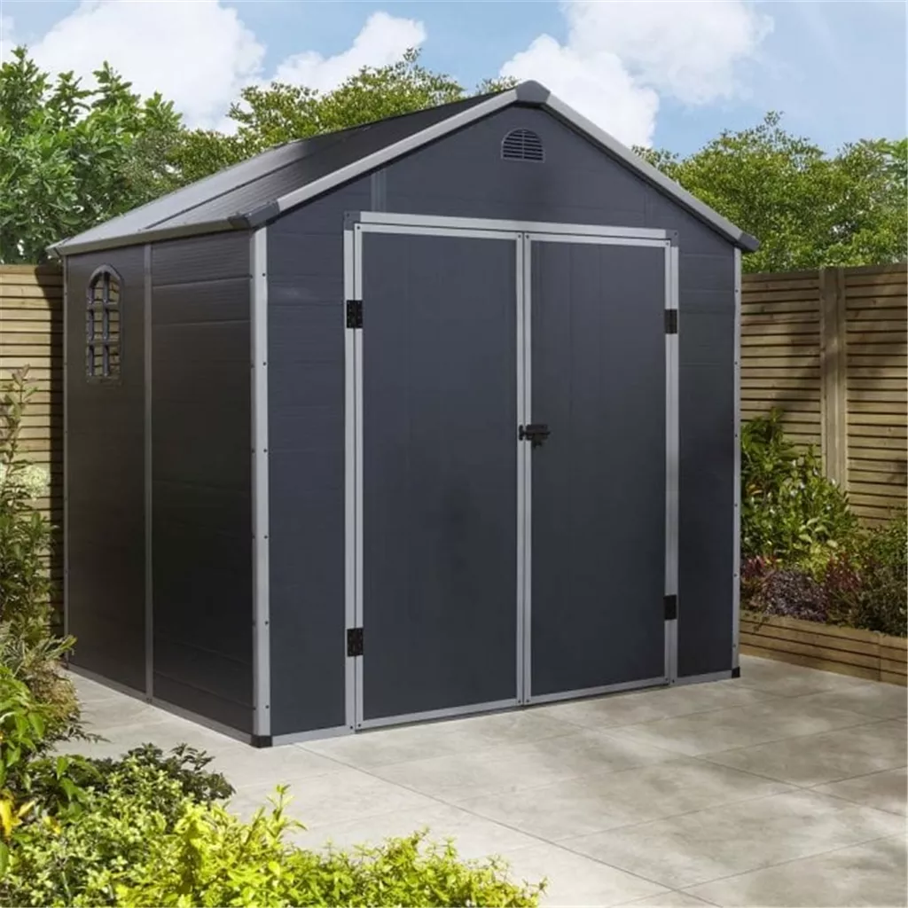 8ft x 6ft Deluxe Stratton Plastic Shed Double Door Apex Shed With Assembly & Foundation Kit - Dark Grey product image