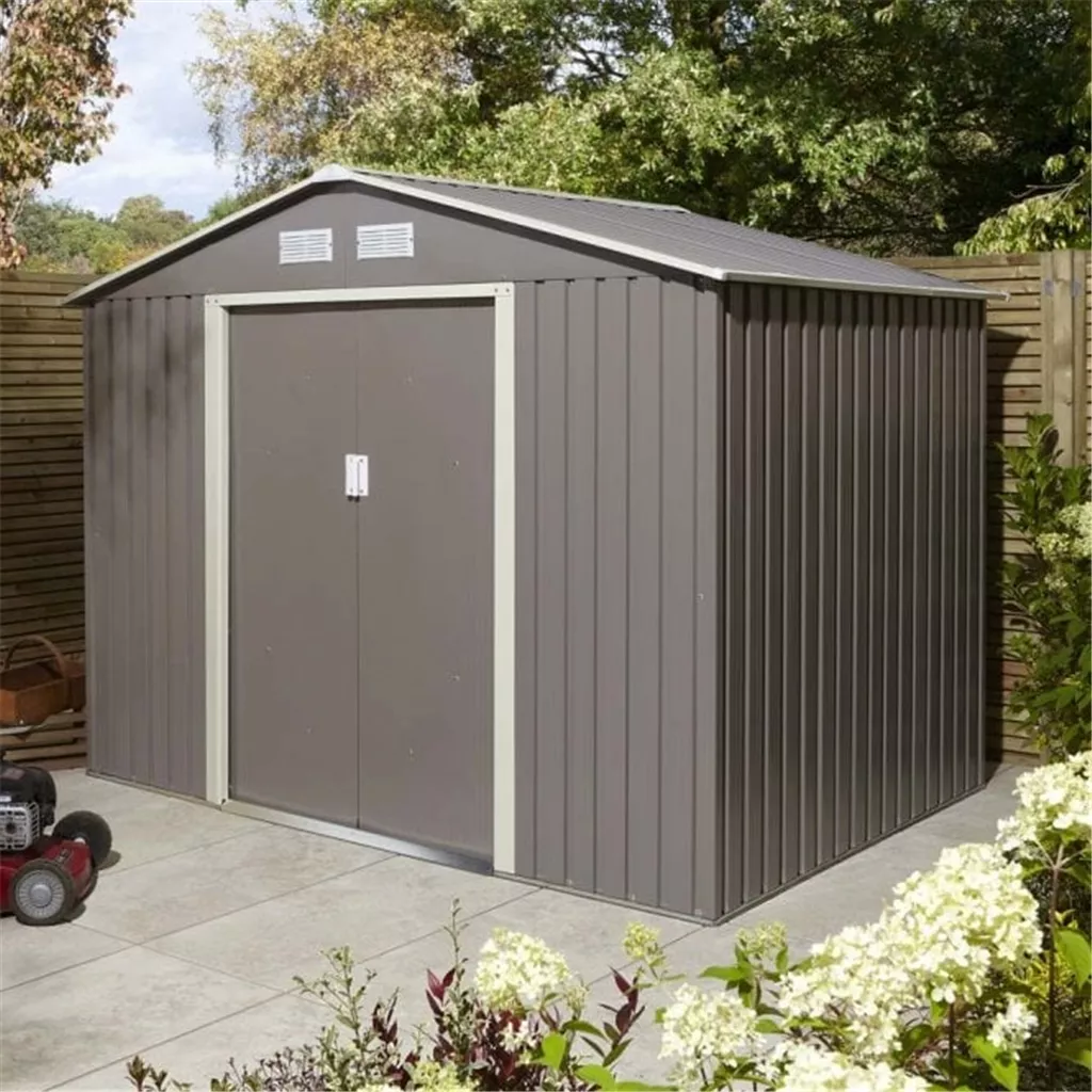 8 x 6 Deluxe Ironwood Metal Apex Shed – Double Door, Assembly & Foundation Kit – Light Grey product image