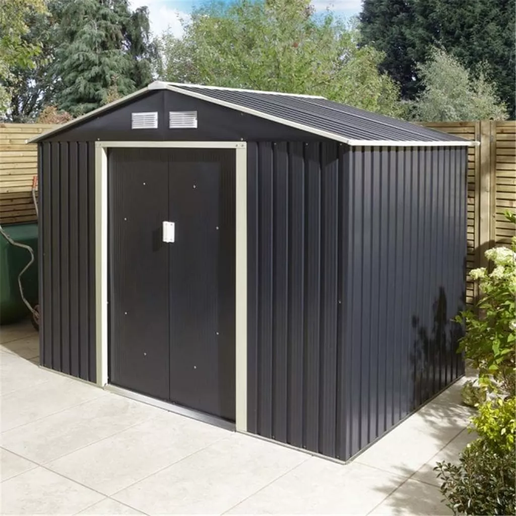 8 x 6 Deluxe Ironwood Metal Apex Shed – Double Door, Assembly – Dark Grey product image