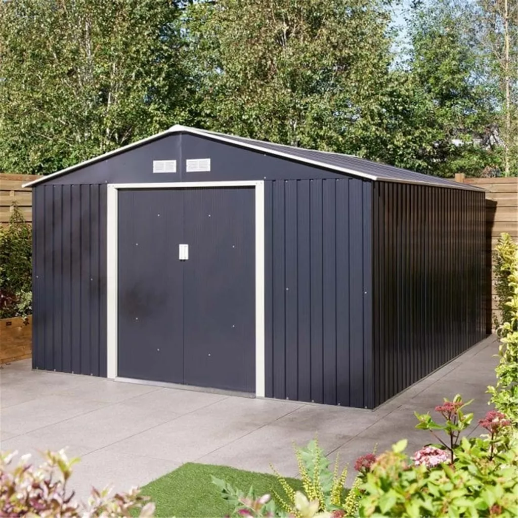 10 x 12 Deluxe Ironwood Metal Apex Shed – Double Door & Foundtion Kit – Dark Grey product image